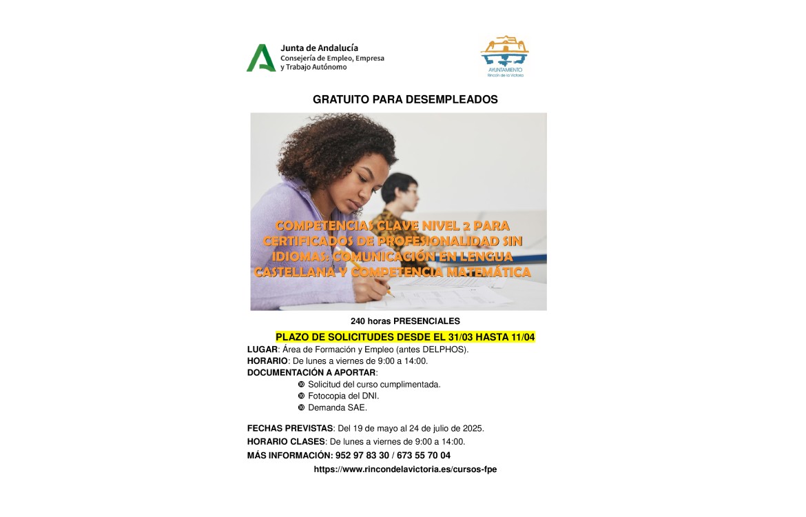 Abierto el plazo de solicitudes del curso gratuito de `Comunicación en lengua castellana y matemática´ destinado a personas desempleadas